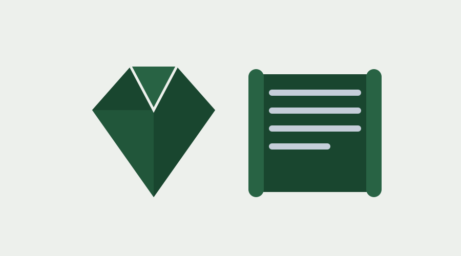 Illustratie van een geslepen diamant naast een manuscriptrol met tekstregels