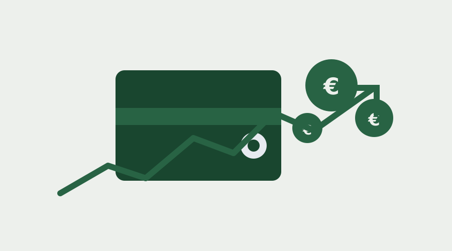 Illustratie van een portefeuille met euro-munten en een stijgende lijn die oplopende kosten verbeeldt