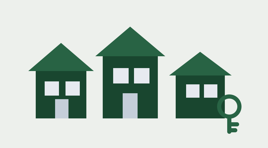 Illustratie van drie huizen in verschillende hoogtes naast een sleutel